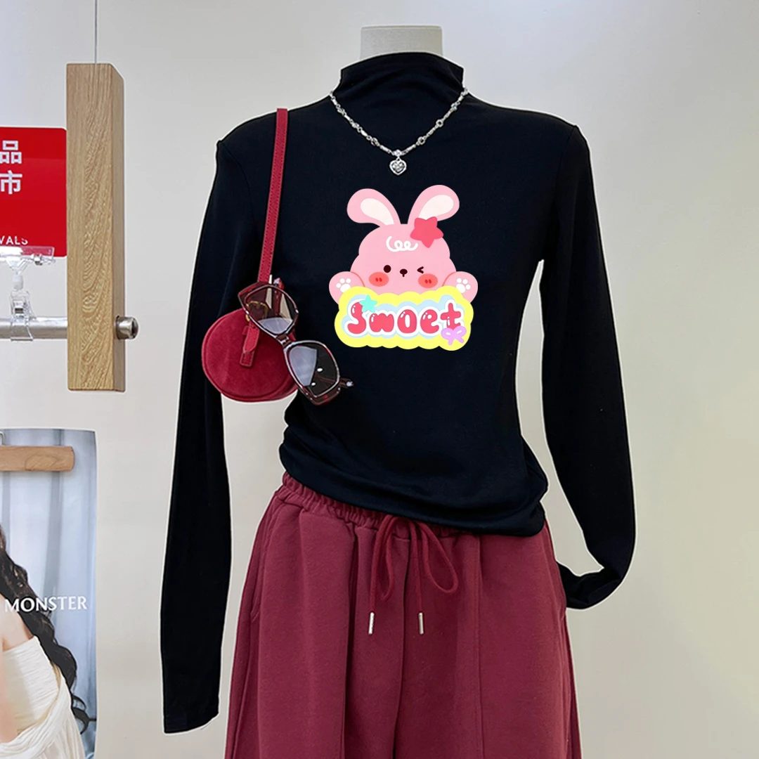 美式半高领冬季加绒加厚长袖t恤女设计感时尚百搭加厚打底上衣