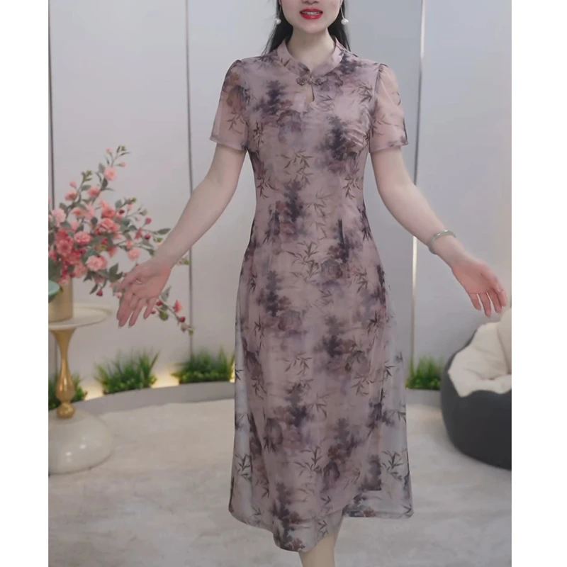 优雅爆款连衣裙女装2025年新款夏季新中式中国风立领短袖印花裙子