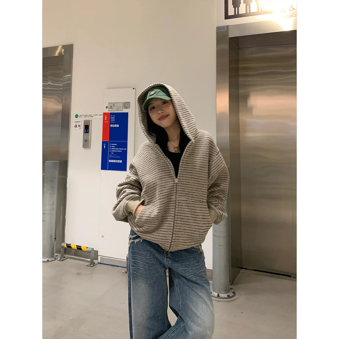 美式条纹连帽拉链外套女新款小众复古宽松休闲百搭开衫慵懒风卫衣