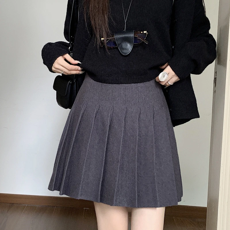 2024秋冬减龄学院风少女百搭纯色高腰显瘦针织百褶短裙半身裙