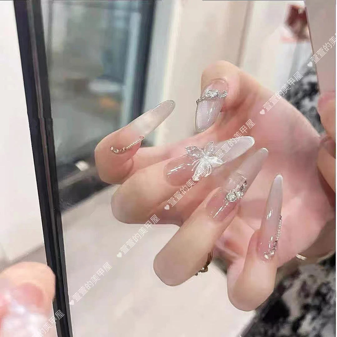 圆梦蝶纯手工光疗美甲贴果冻贴片指甲穿戴甲简约梯形重复