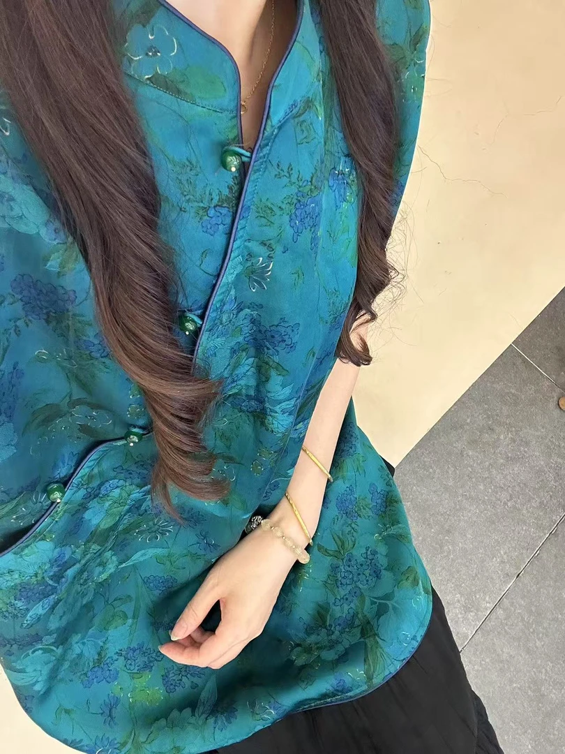 100%桑蚕丝包边蓝梅花奥黛香云纱28姆米长75胸围108