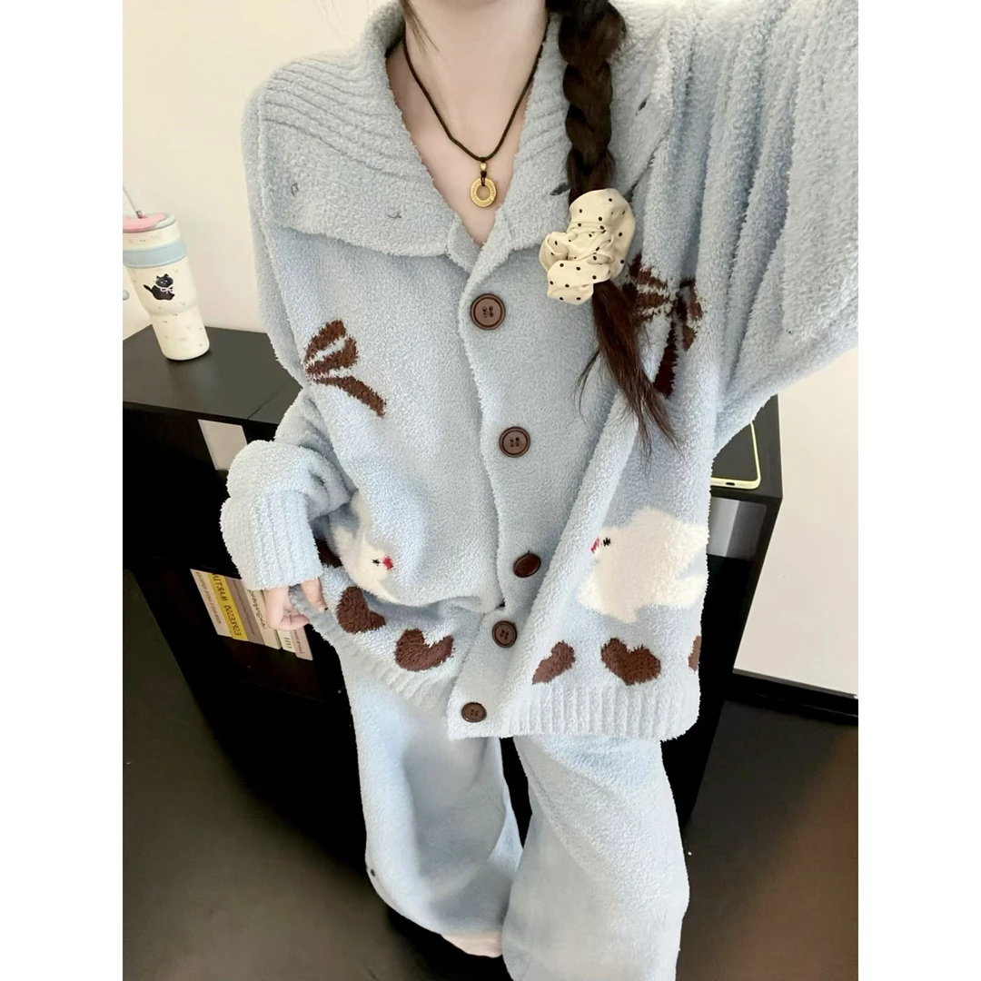 韩系可爱白鸽印花半边绒睡衣女款冬季慵懒感加绒保暖家居服套装冬