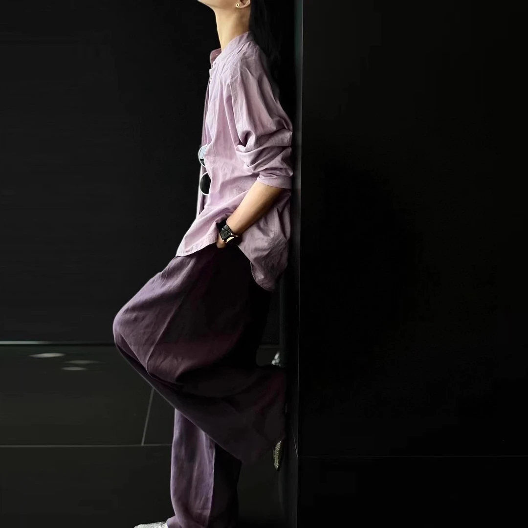 老钱风休闲通勤套装女高级感香芋紫棉麻长袖衬衫亚麻阔腿裤两件套