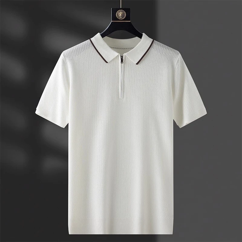 轻奢夏季薄款冰丝白色半拉链polo衫男士修身休闲高端商务短袖上衣