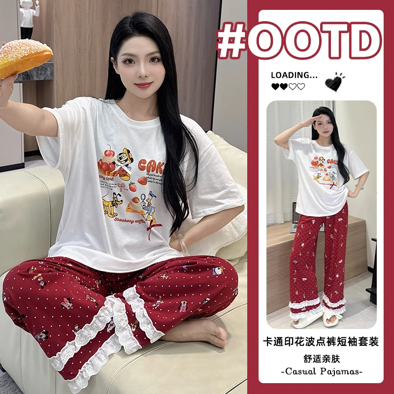 夏季纯棉带胸垫睡衣2025年新款女款短袖长裤休闲百搭家居服两件套
