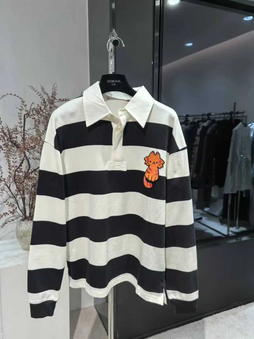 卫衣长袖针织时尚休闲条纹黑白翻领189