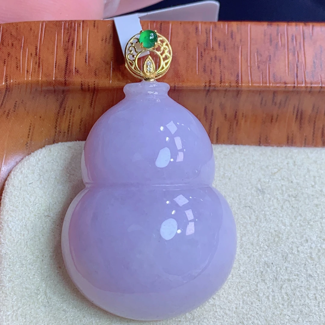天然缅甸A货翡翠18k金镶紫罗兰葫芦吊坠j整34.8石28.5/21/11.3mm
