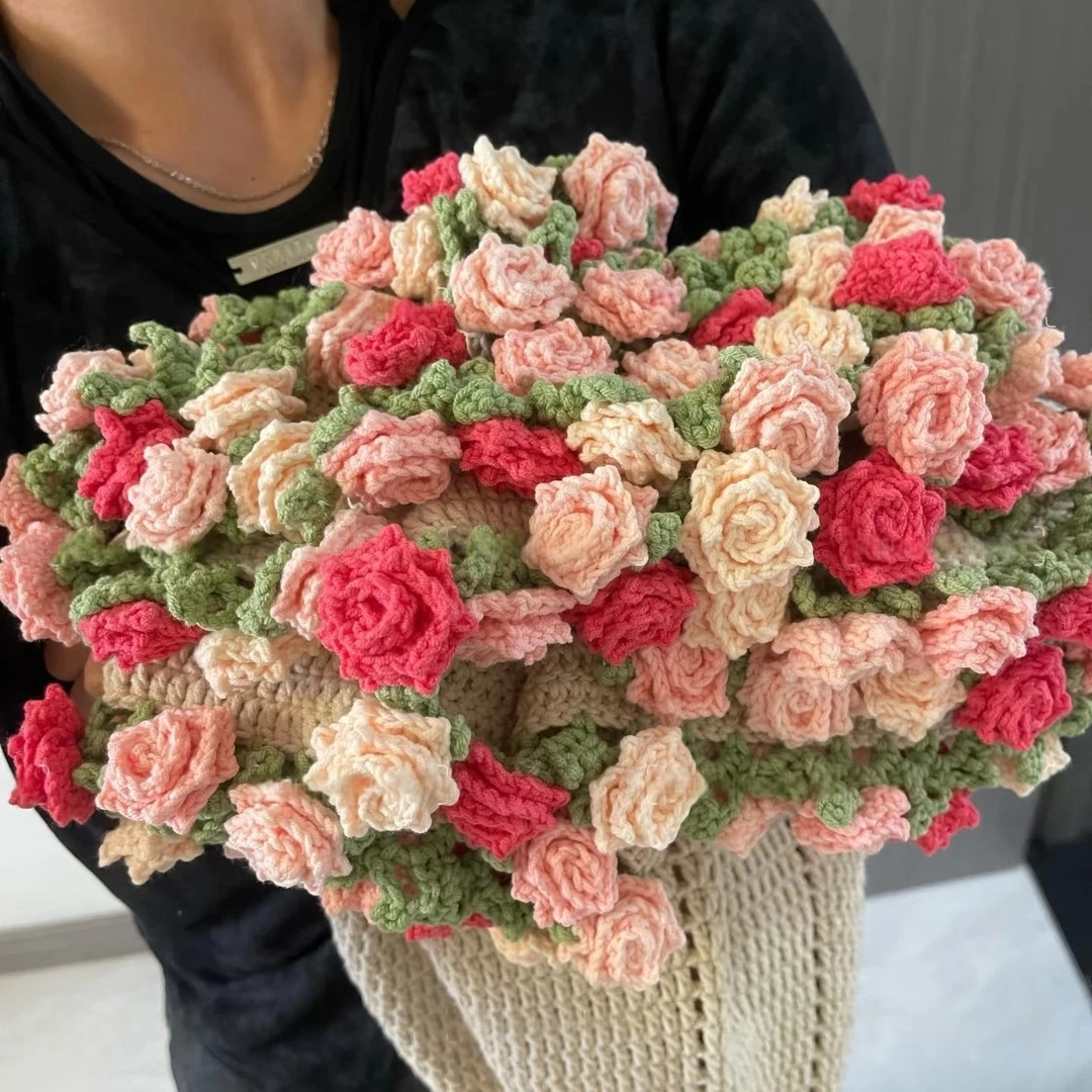 尖角玫瑰花束毯子手工编织diy材料包毛线团钩织花朵勾针毛毯礼物