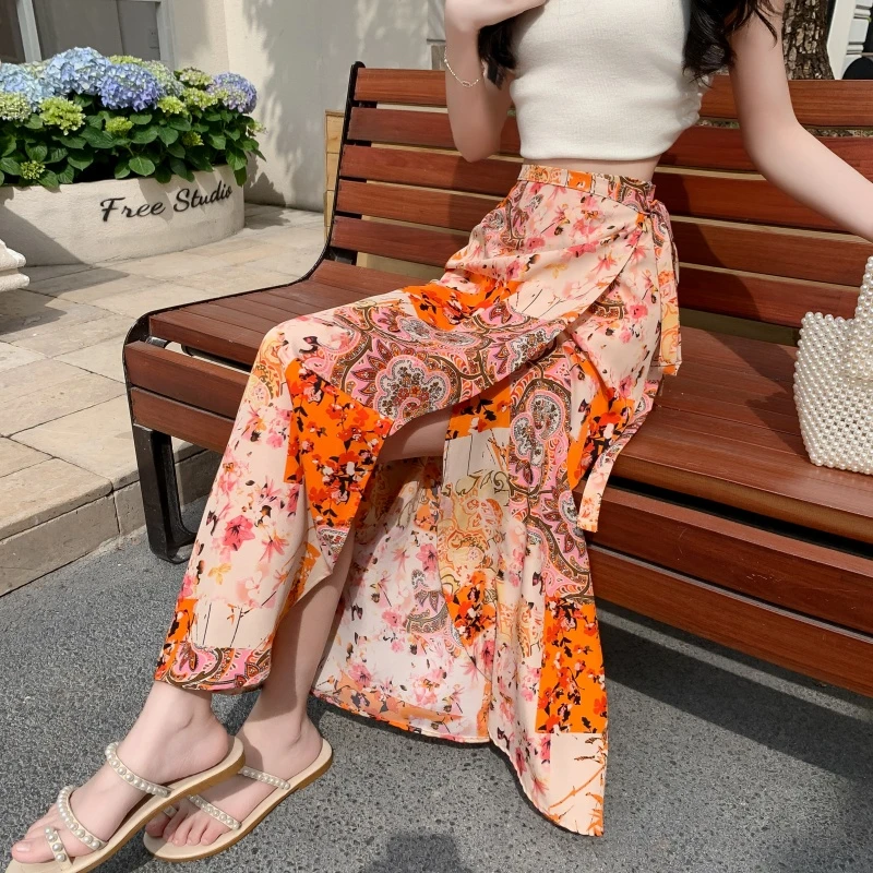 La Chapelle/拉夏贝尔一片式沙滩女夏季开叉裹裙不规则系带半身裙