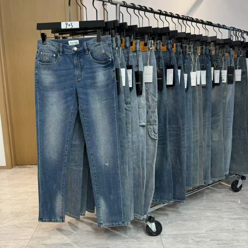 直筒/常规款长裤厚款牛仔裤直筒裤宽松休闲裤设计师弹力高腰蓝色