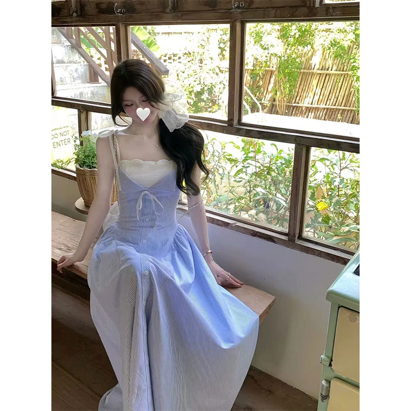 【海盐气泡】chic网红同款减龄少女感长款连衣裙女吊带撞色连衣裙