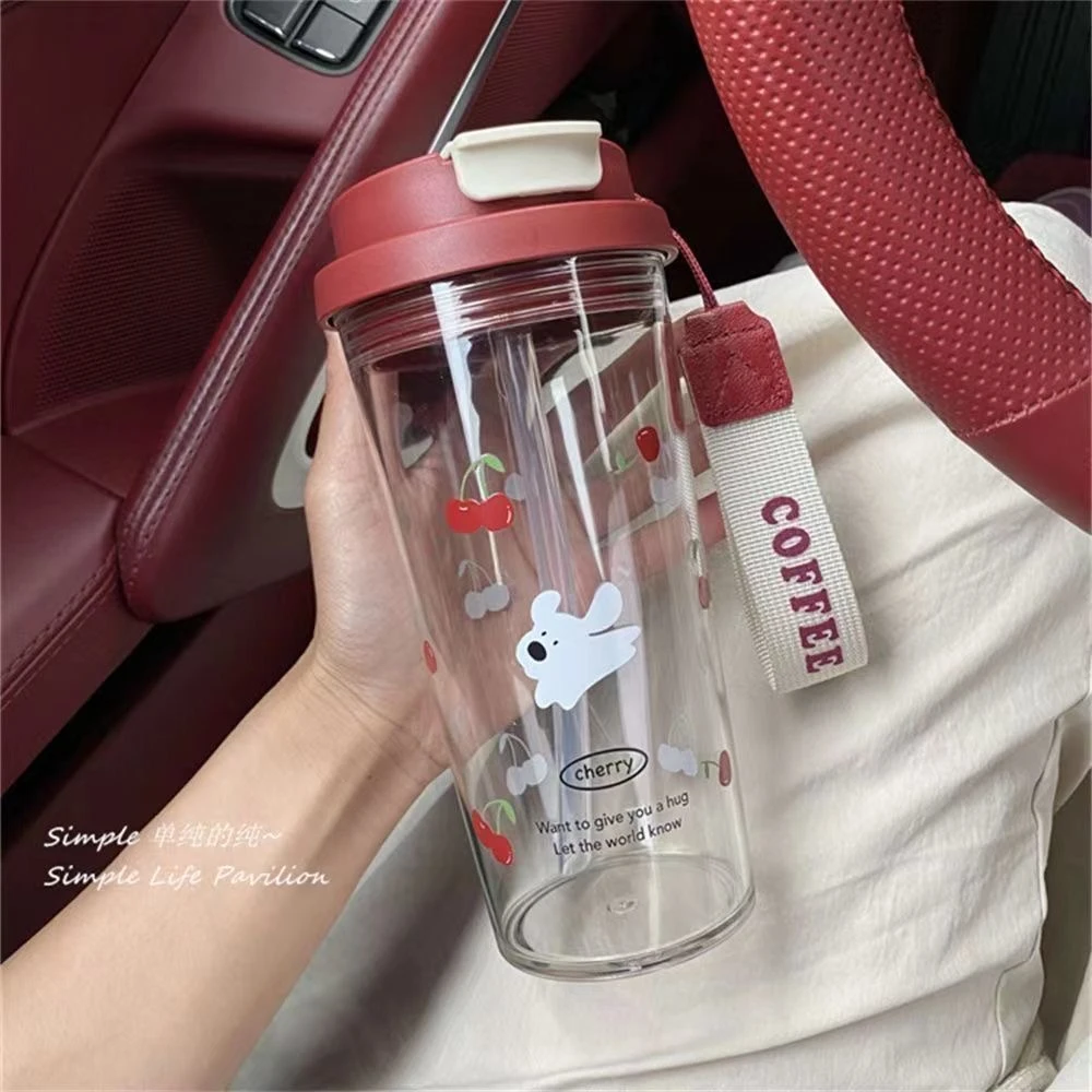 塑料樱桃杯子小狗夏季水杯女生高颜值吸管便携式可爱学生双饮