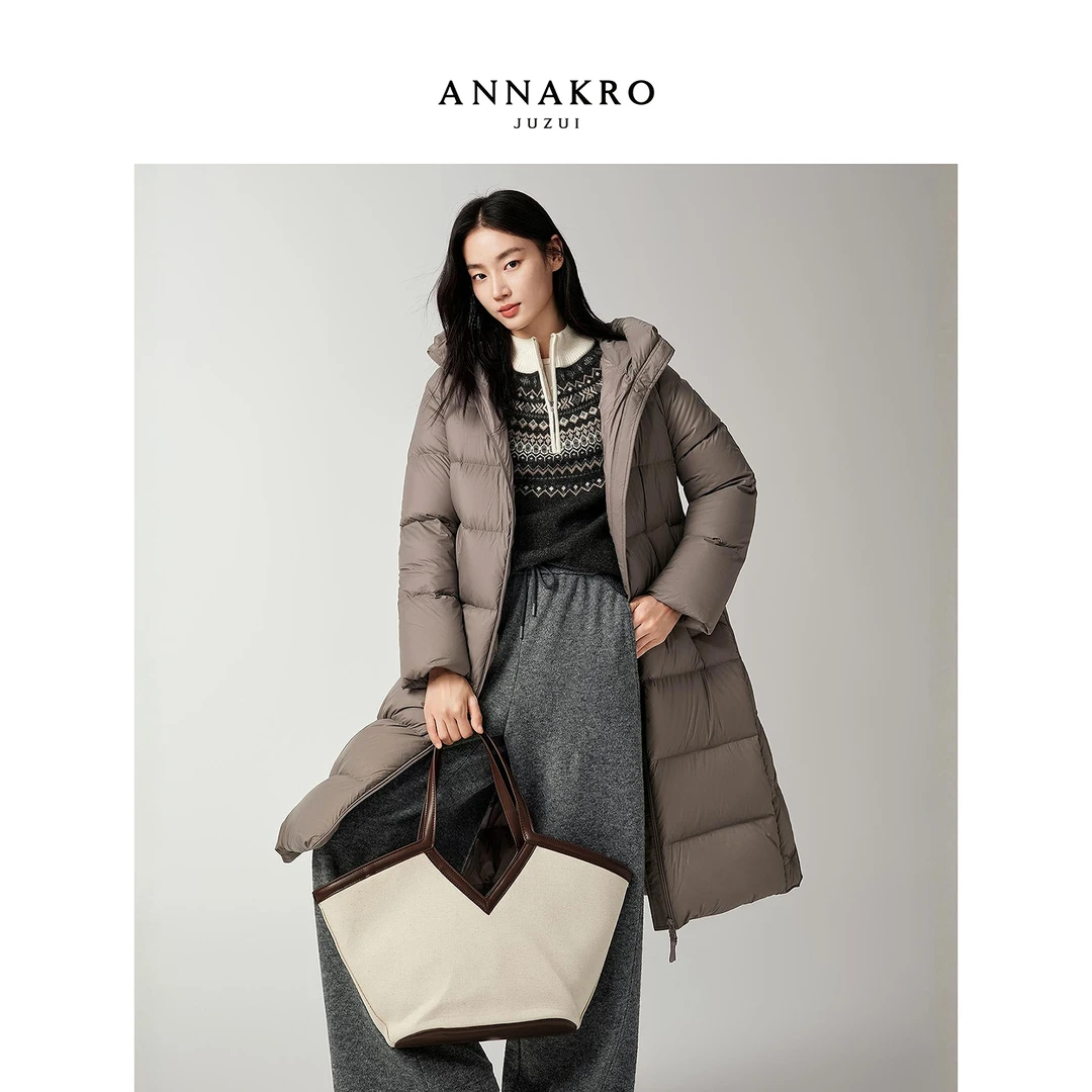 玖姿·安娜蔻休闲时尚防水A型中长款鸭绒羽绒服女2025冬KWFD03204