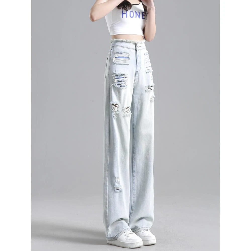 窄版阔腿牛仔裤女2025年新款破洞加长裤子女夏季薄款高个子直筒裤
