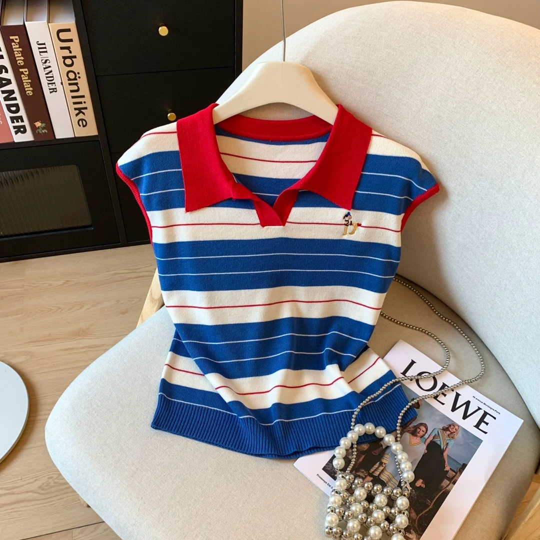 撞色条纹polo领针织小飞袖上衣女2025夏季新款小个子正肩短袖t恤