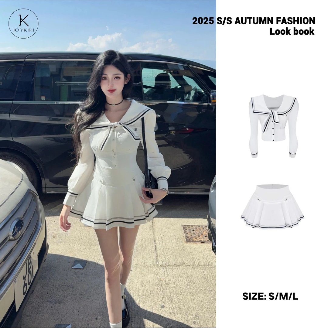 JOY KIKI金金【海归千金】秋季水手领撞色高腰显瘦衬衫套装 J25C206