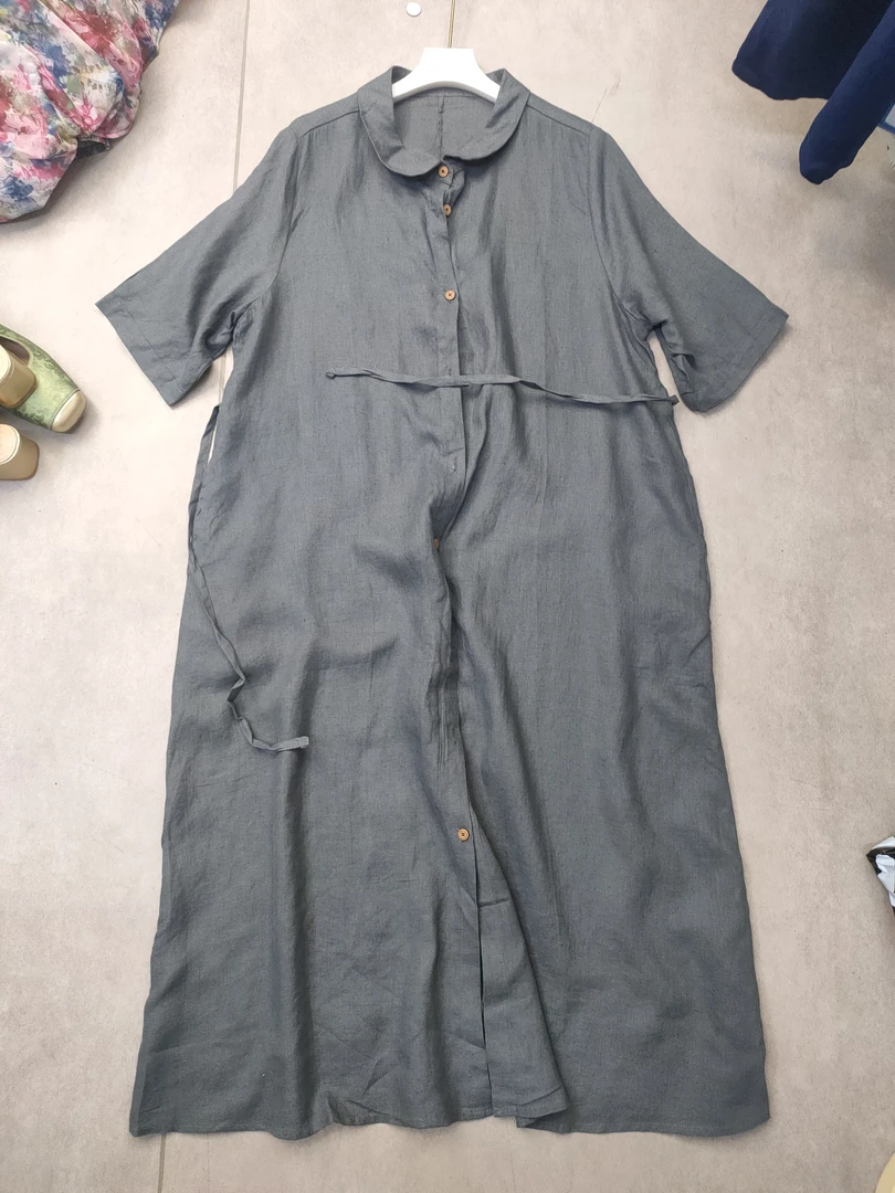 （灰色）汉麻百搭显瘦轻奢风翻领五分袖排扣连衣裙XHH 8028