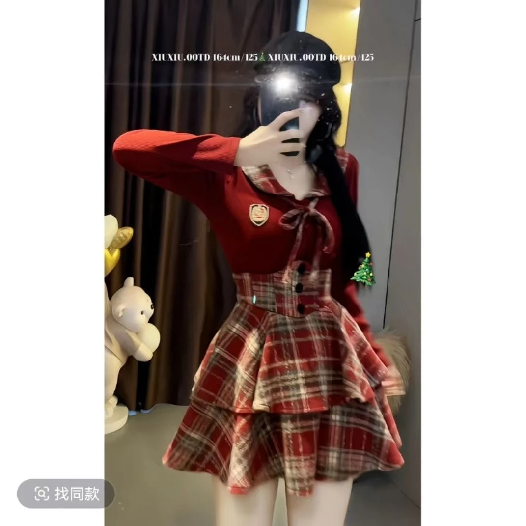 大码胖mm学院时尚套装女秋冬拼接衬衫+显瘦收腰蓬蓬短裙两件套