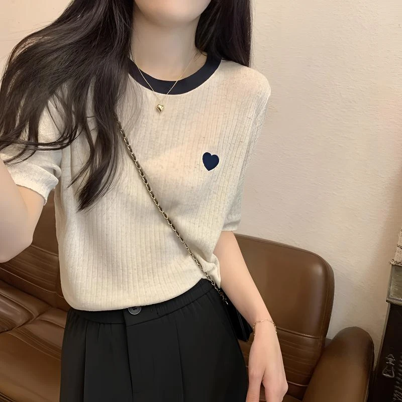夏季冰丝针织T恤女短袖正肩上衣短款爱心刺绣宽松薄款微透小众