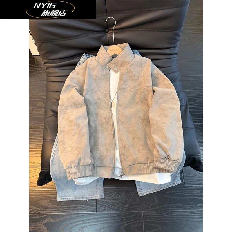 美式复古水洗一体绒皮夹克男款冬季加绒加厚立领设计感纽扣外套潮