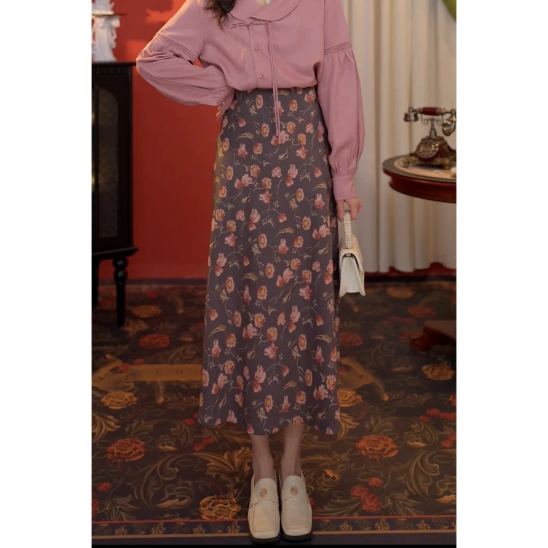 鹿晚不晚【花林】港风复古气质时尚高腰中长半身裙显瘦LR3882269