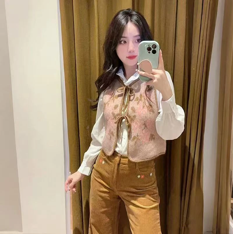 ES.南油原创2025秋冬法式小众混仿无袖绑带牡丹提花圆领马甲背心