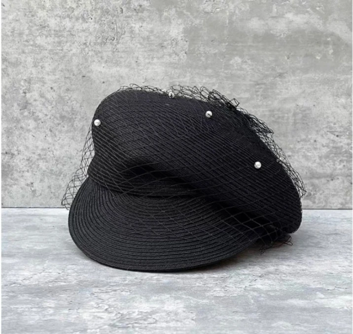 【榕悦】春夏新款时尚珍珠网纱贝雷帽-RL0237
