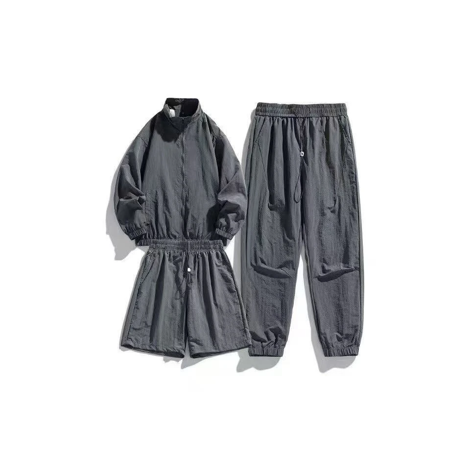 纯色宽松透气速干户外休闲运动套装外套短裤长裤三件套 男女同款