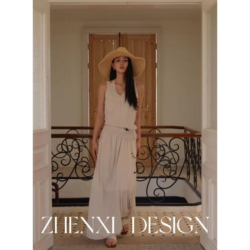 针西【编织时光半裙】高个子穿搭灵动抽褶缝线亚麻毛织半裙S70292