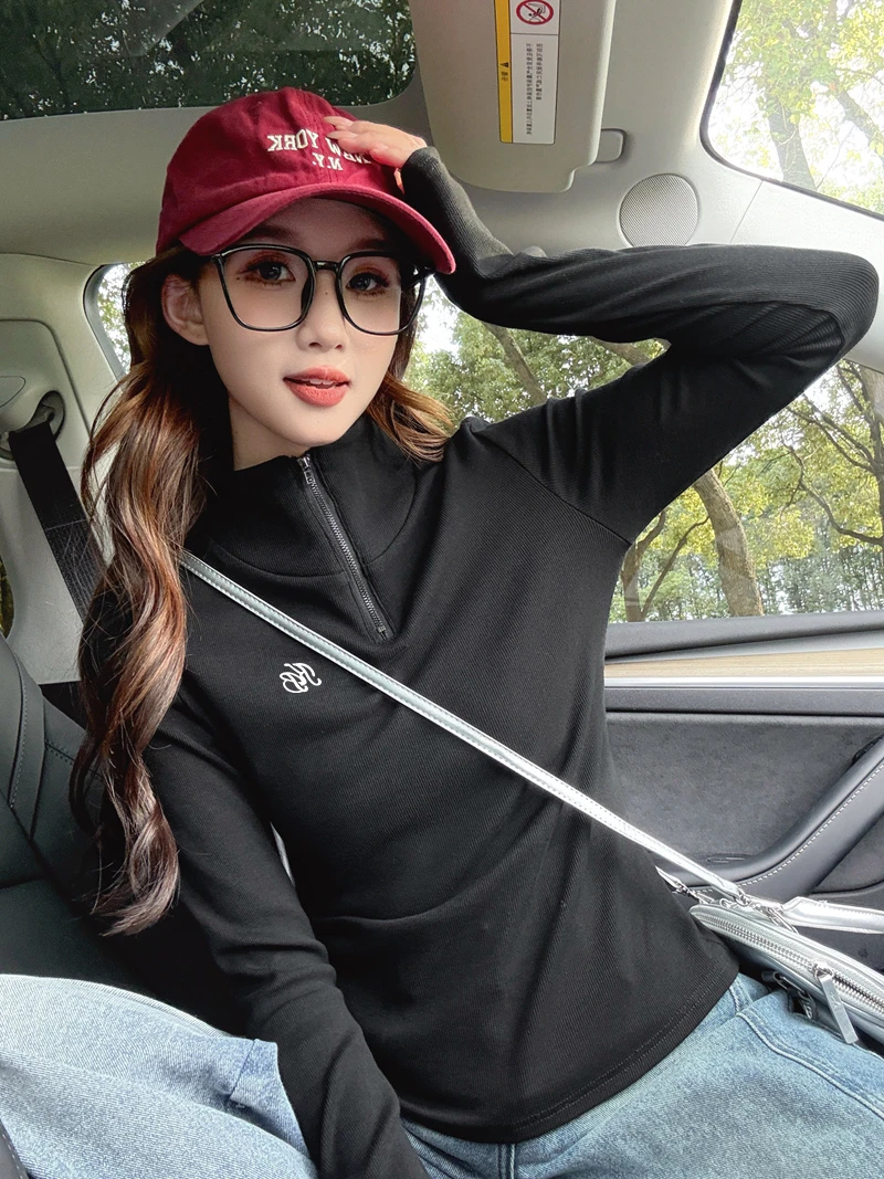 半拉链高领内搭长袖T恤女2025早秋季大码修身显瘦遮肉polo领上衣