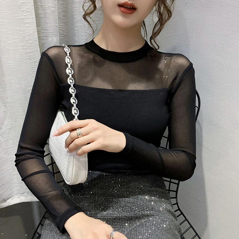 春秋季新款百搭黑色修身显瘦圆领长袖t恤女网纱打底衫洋气上衣