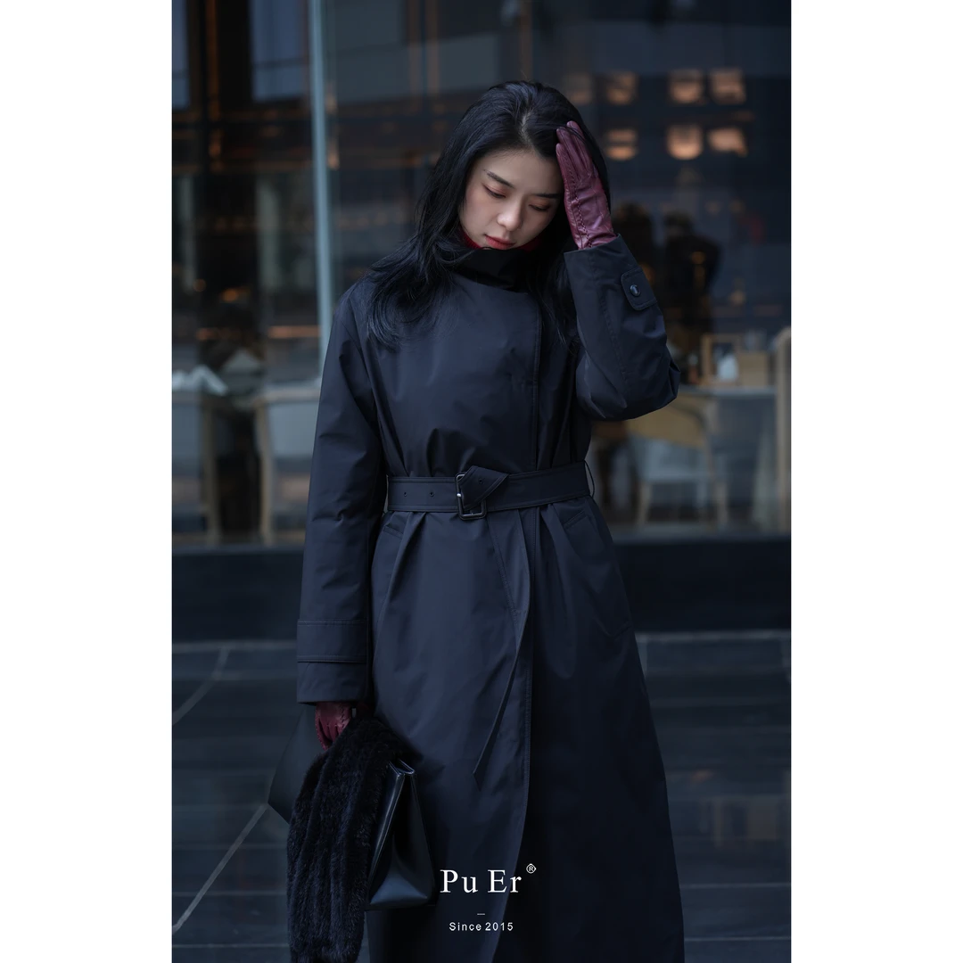 【立墨穹廊】新春浓黑色立领束带鹅绒大衣