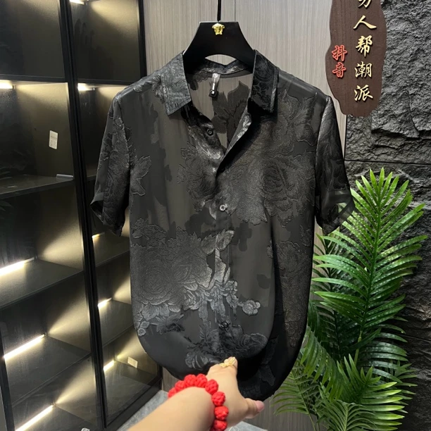 男士夏季国风提花翻领半袖衬衫时尚宽松潮流8819