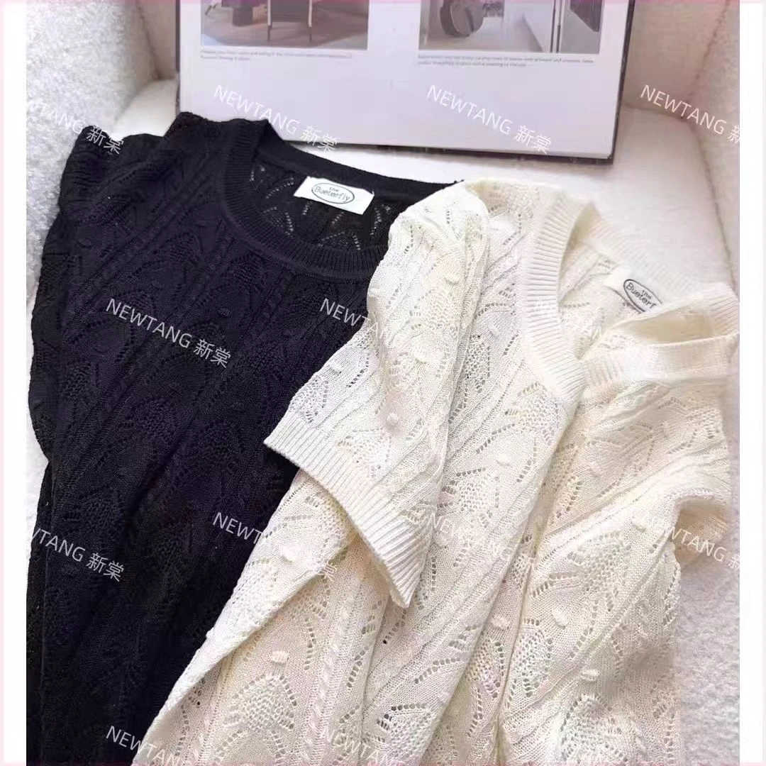 【白美人】2025夏季法式复古镂空设计感针织衫简约圆领短袖上衣女