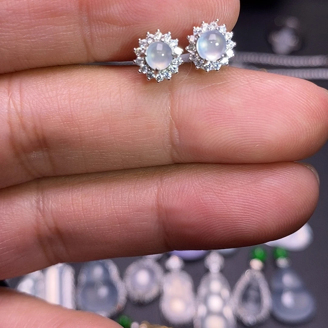 翡翠银S925镶嵌耳饰蛋面耳钉