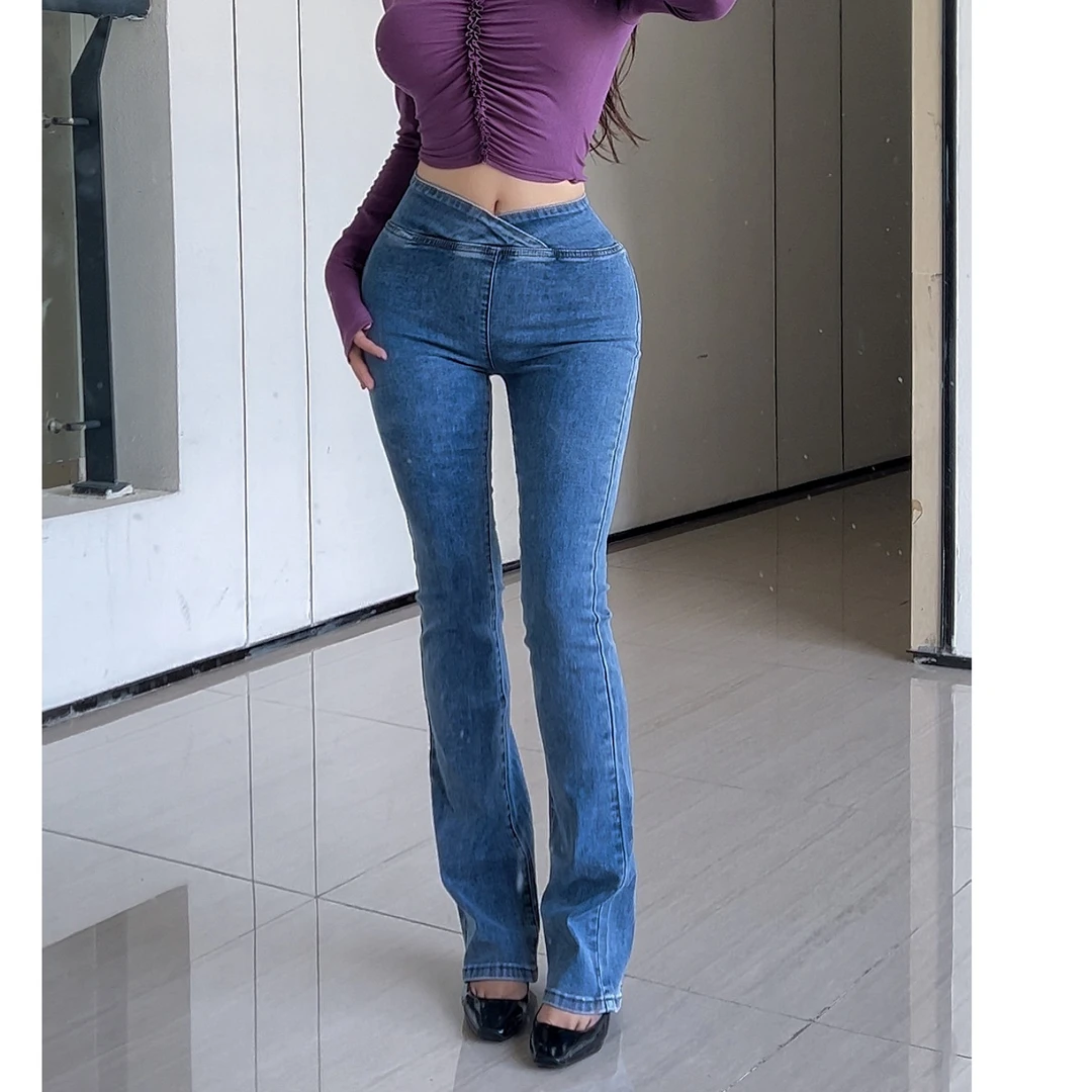 燃燃家美式辣妹交叉腰牛仔裤V字腰弹力高腰微喇裤蜜桃臀牛仔长裤