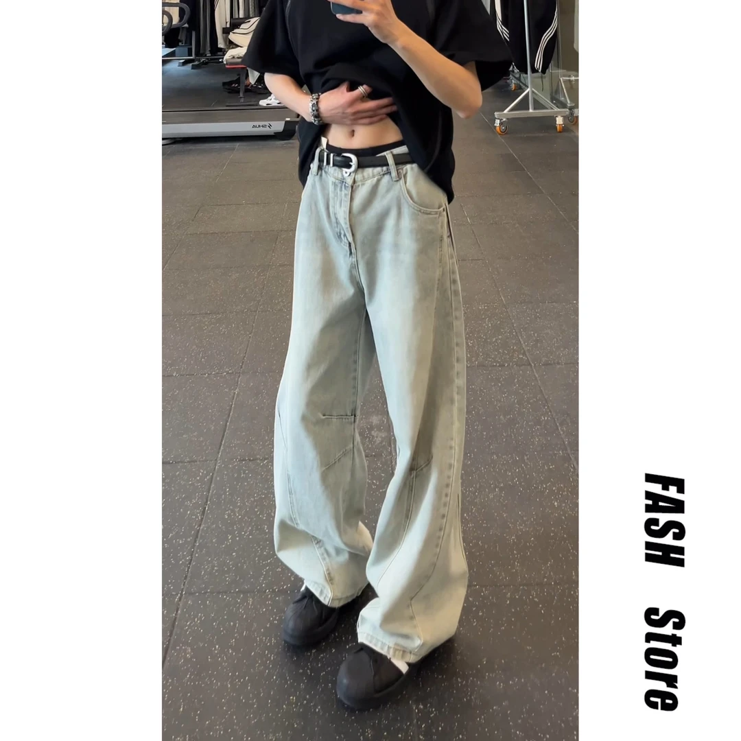 水洗做旧分割设计弯刀牛仔裤男春季款高街复古宽松直筒休闲长裤子