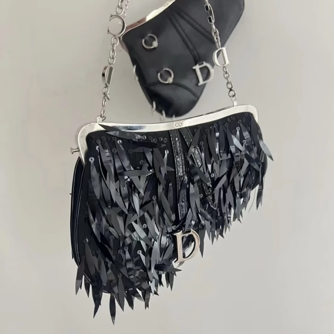 95新 DIOR/迪奥 只盒外场/Dior中古海盗爷黑天鹅亮片mini马鞍包