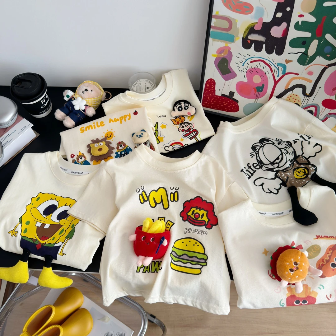 亲子装新款儿童时尚印花立体玩偶百搭休闲短袖卡通T恤