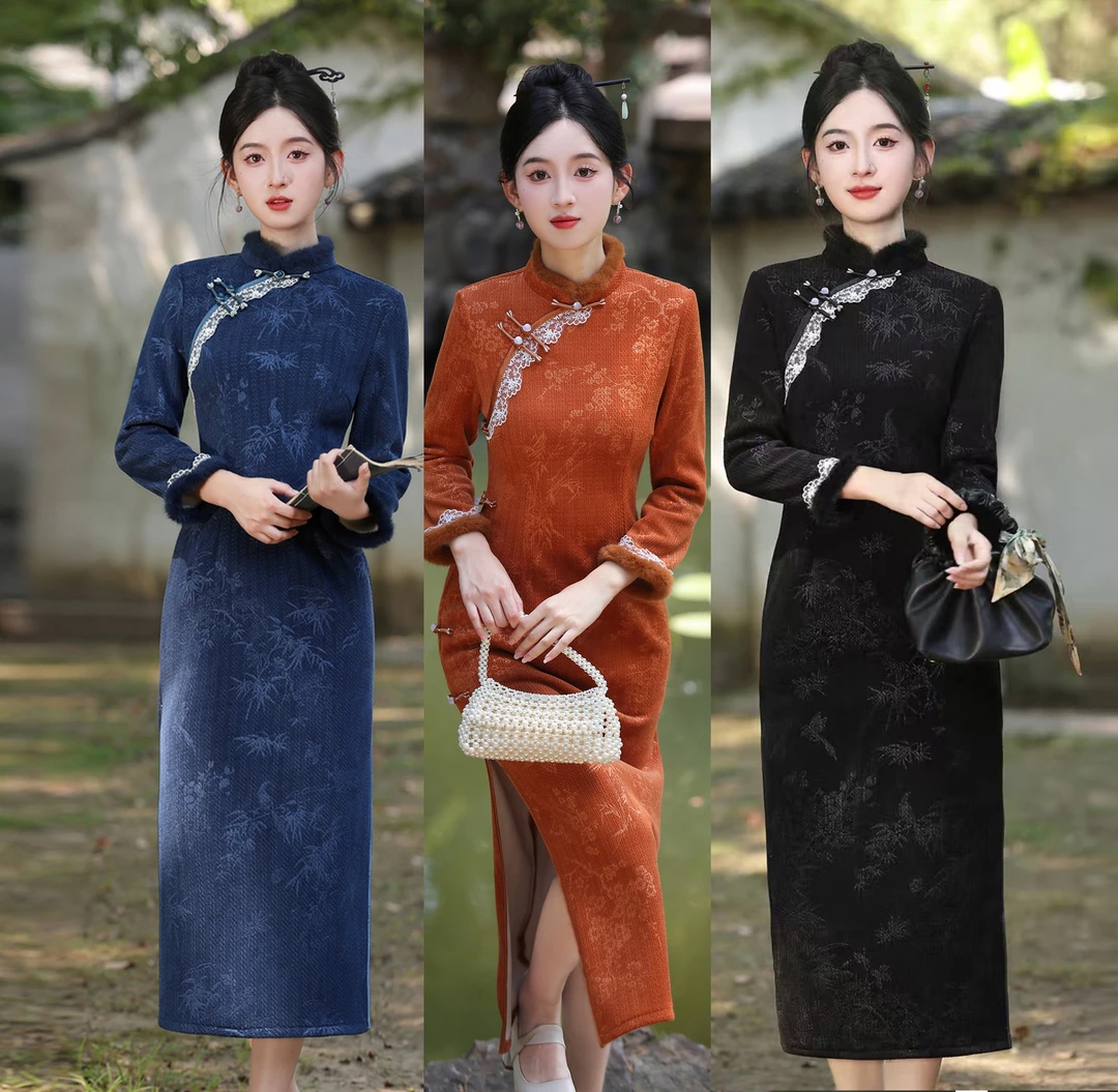 【蓝萌】冬季年轻少女款长袖毛领加厚保暖复古中式旗袍优雅显瘦日常