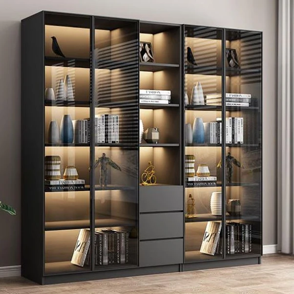 轻奢书柜带玻璃门书架落地简约现代定制客厅书橱实木手办展示柜子