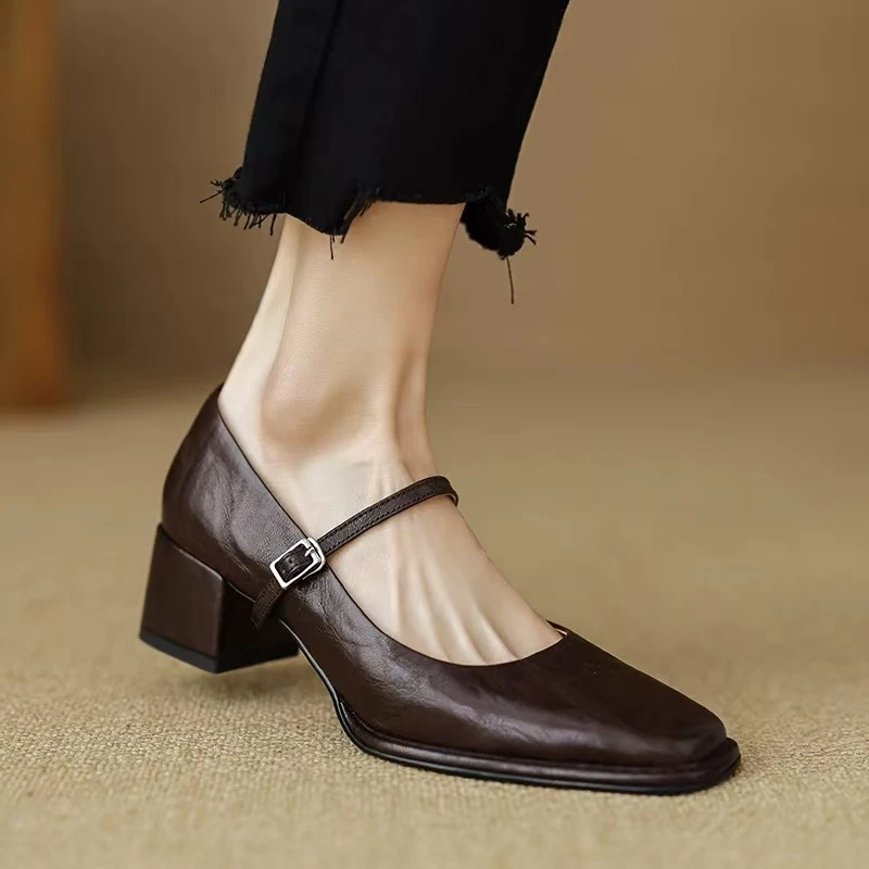 真皮粗跟玛丽珍方头小皮鞋9011