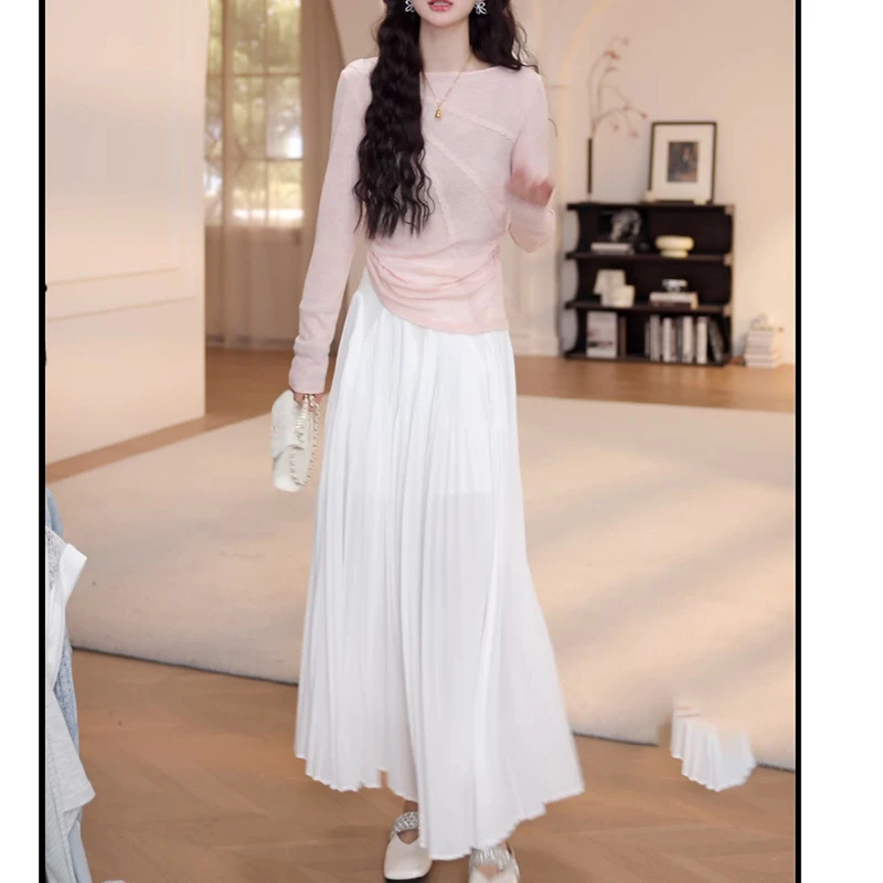 2025春装新款设计感长袖上衣+高腰褶皱半身裙两件套LK2502805