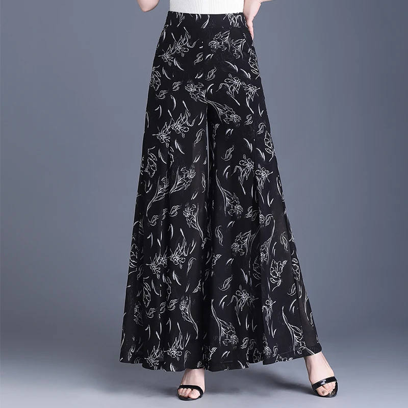 雪纺阔腿裤女2025年新款春夏季长裤垂感高腰裤裙印花夏天冰丝裤子