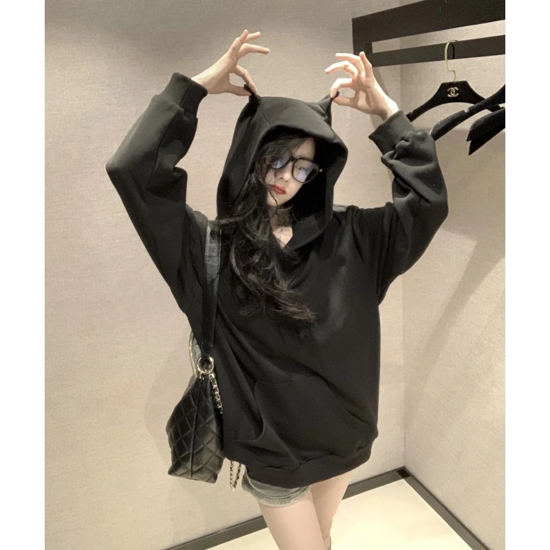 秋季上衣黑卫衣外套连帽小恶魔角帽衫耳朵设计感百搭宽松女装新款