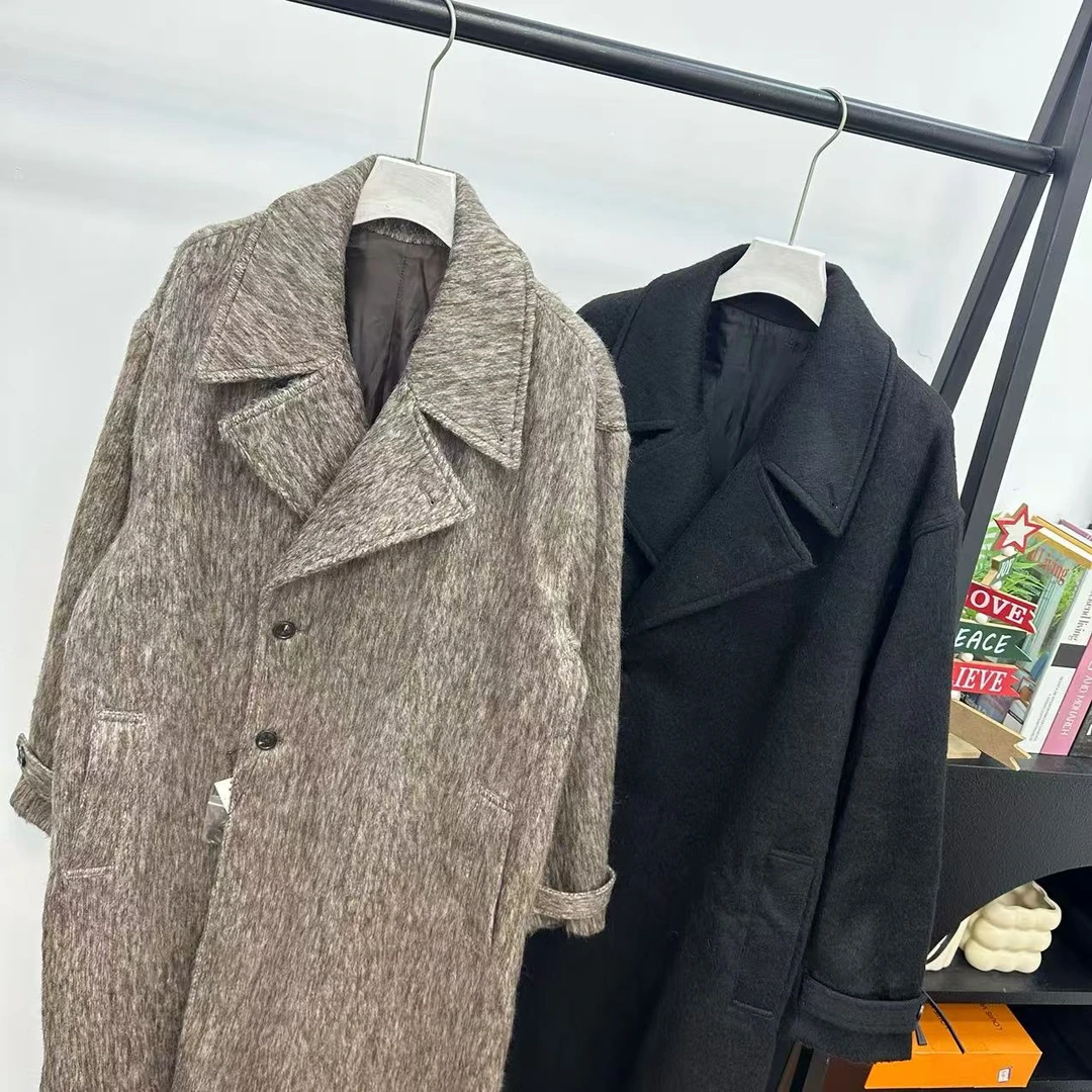 冬季韩系重磅宽松复古西装领直筒毛呢长款大衣25122742