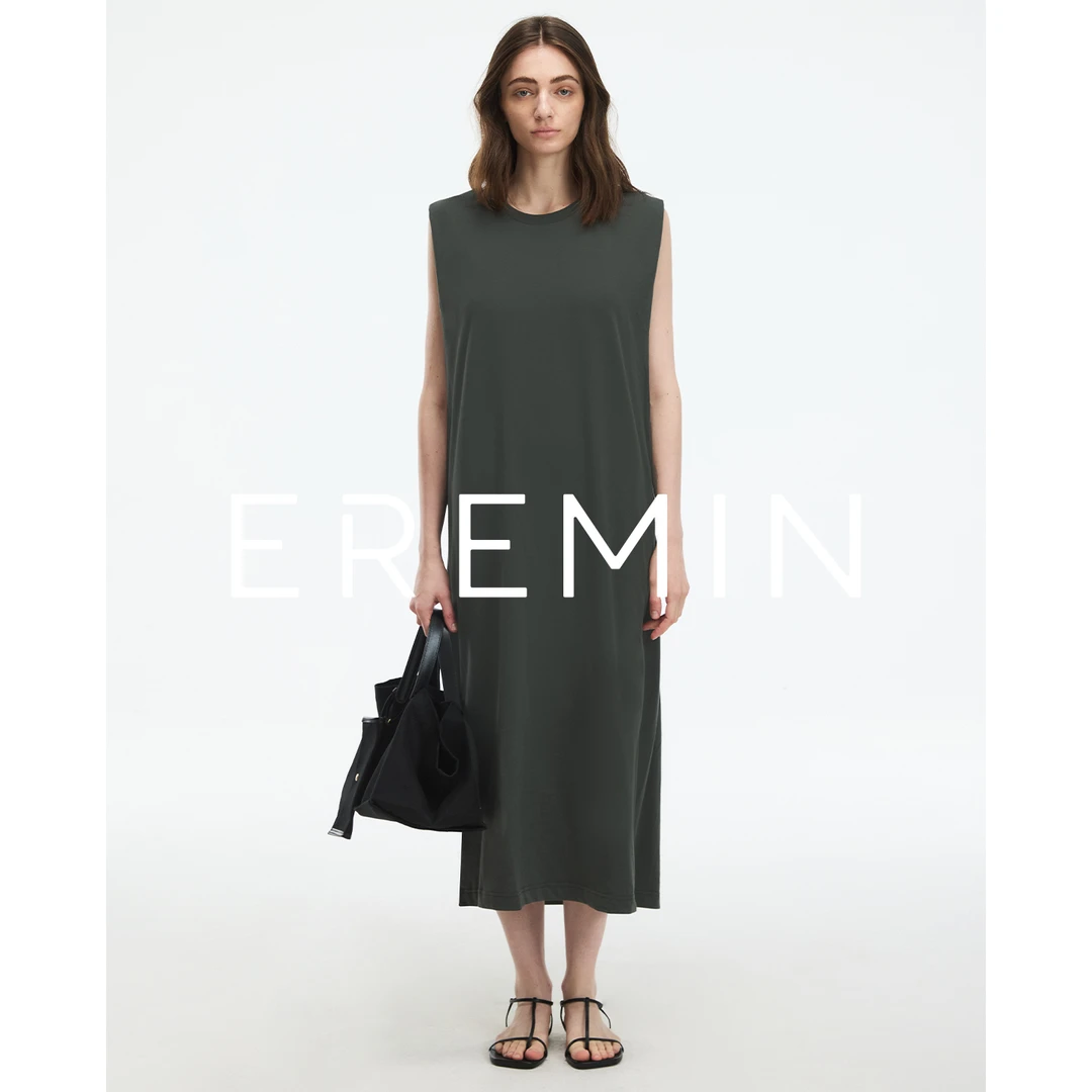 DE Mincollection墨绿背心裙/极简纸片长绒棉圆领无袖背心裙55466
