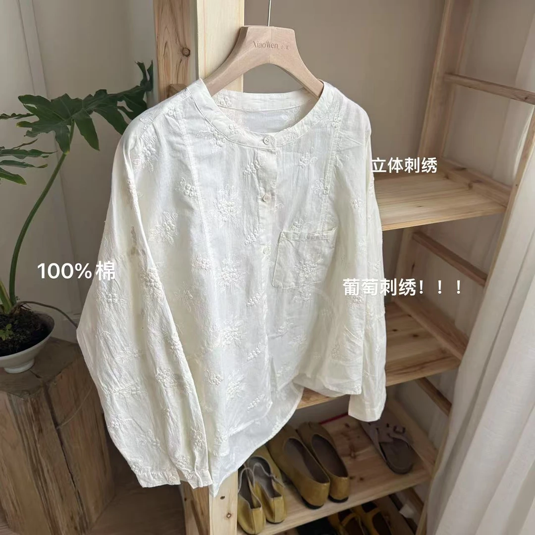 小文姐 W1135-春夏韩范文艺气质淡雅风小衫宽松钩花休闲衬衫女