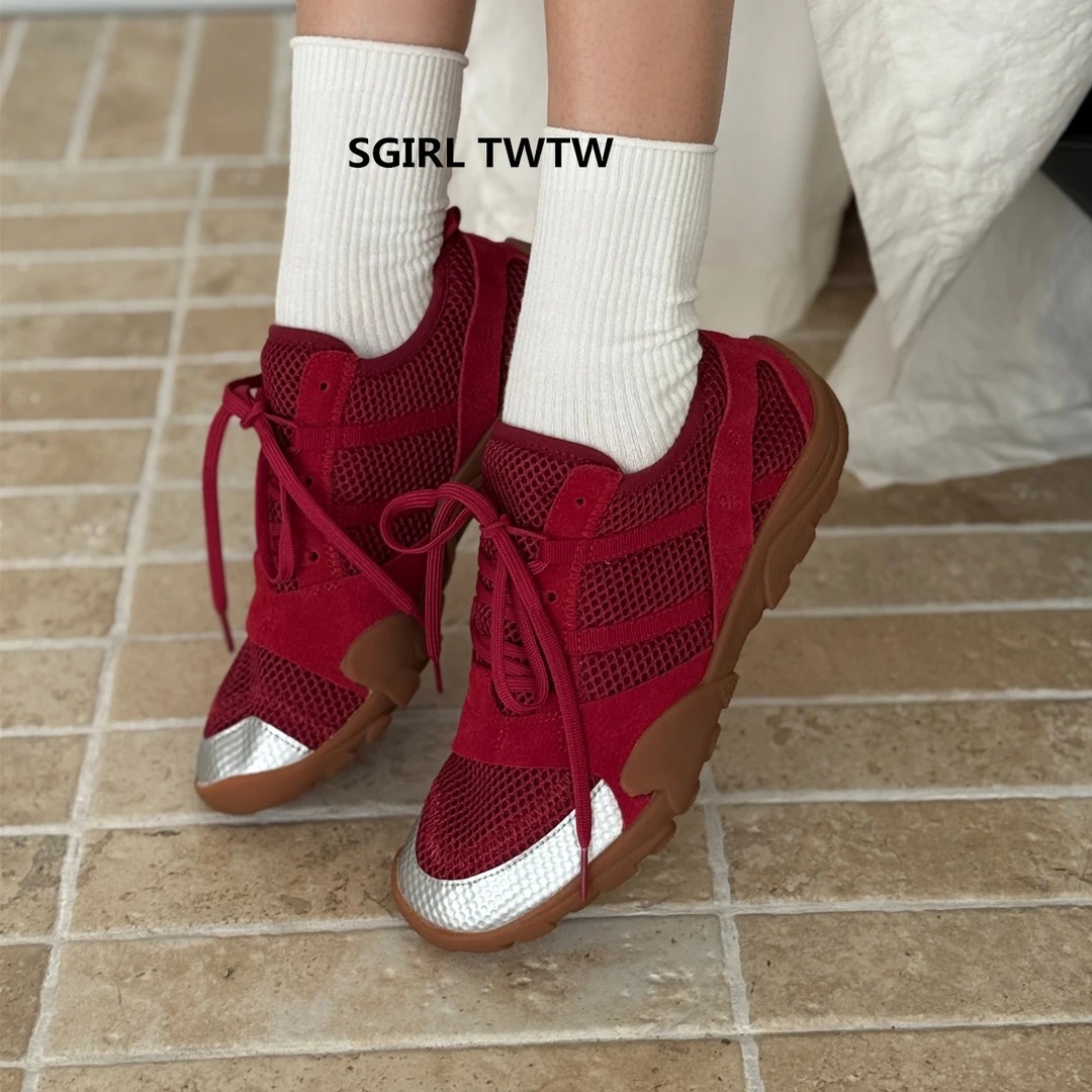 SGIRL TWTW2025年秋季新款真皮网布透气平底时尚休闲鞋网面鞋女鞋